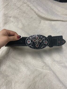 Zumiez Black Western Belt with Ornate Silver-Tone Buckle and Red Accents